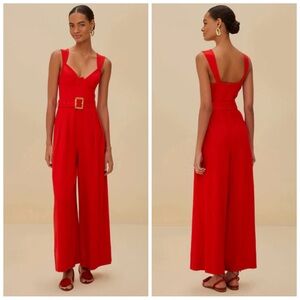 FARM RIO Women’s Size S Red Linen-Blend Sleeveless Wide-Leg Belted Jumpsuit